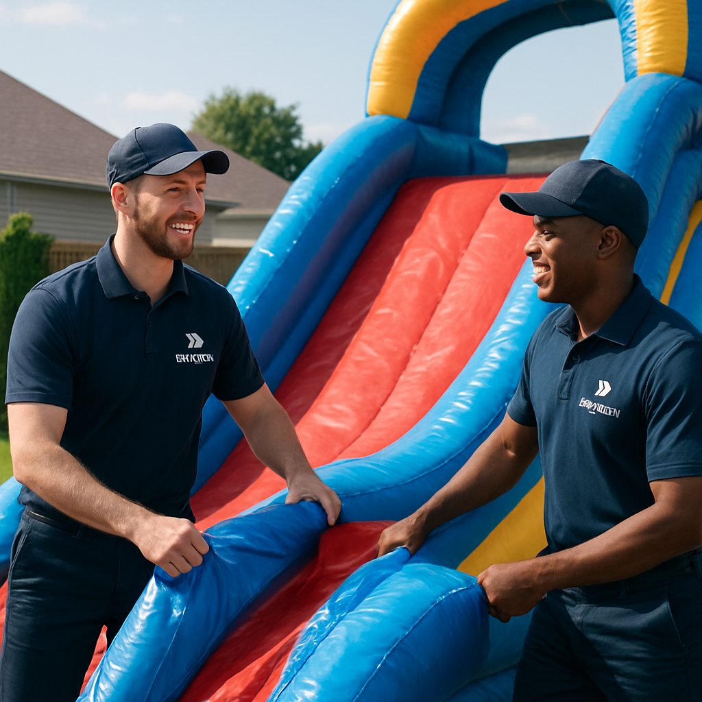 Professional team setting up an inflatable water slide