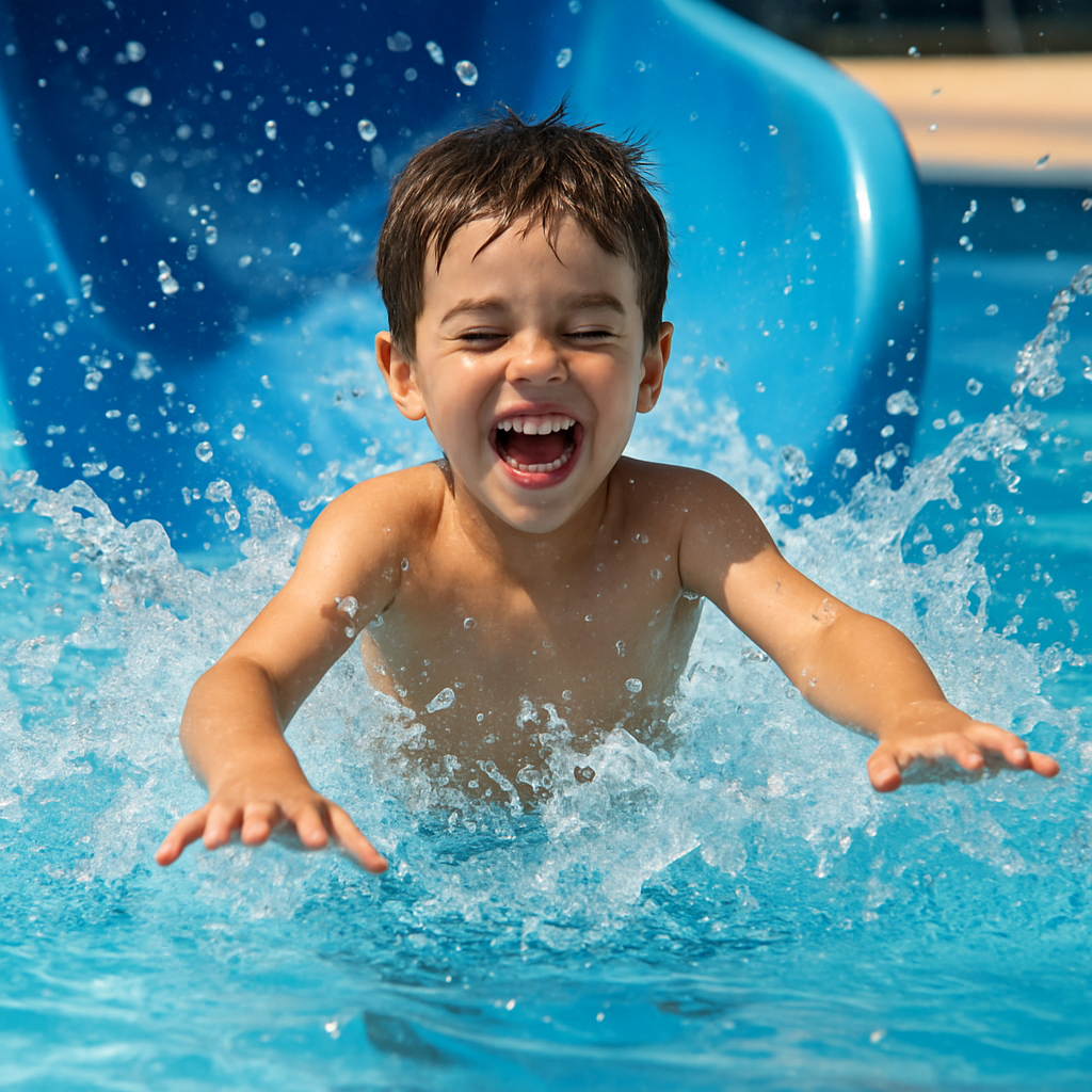 Child splashing into the pool at the bottom of a water slide