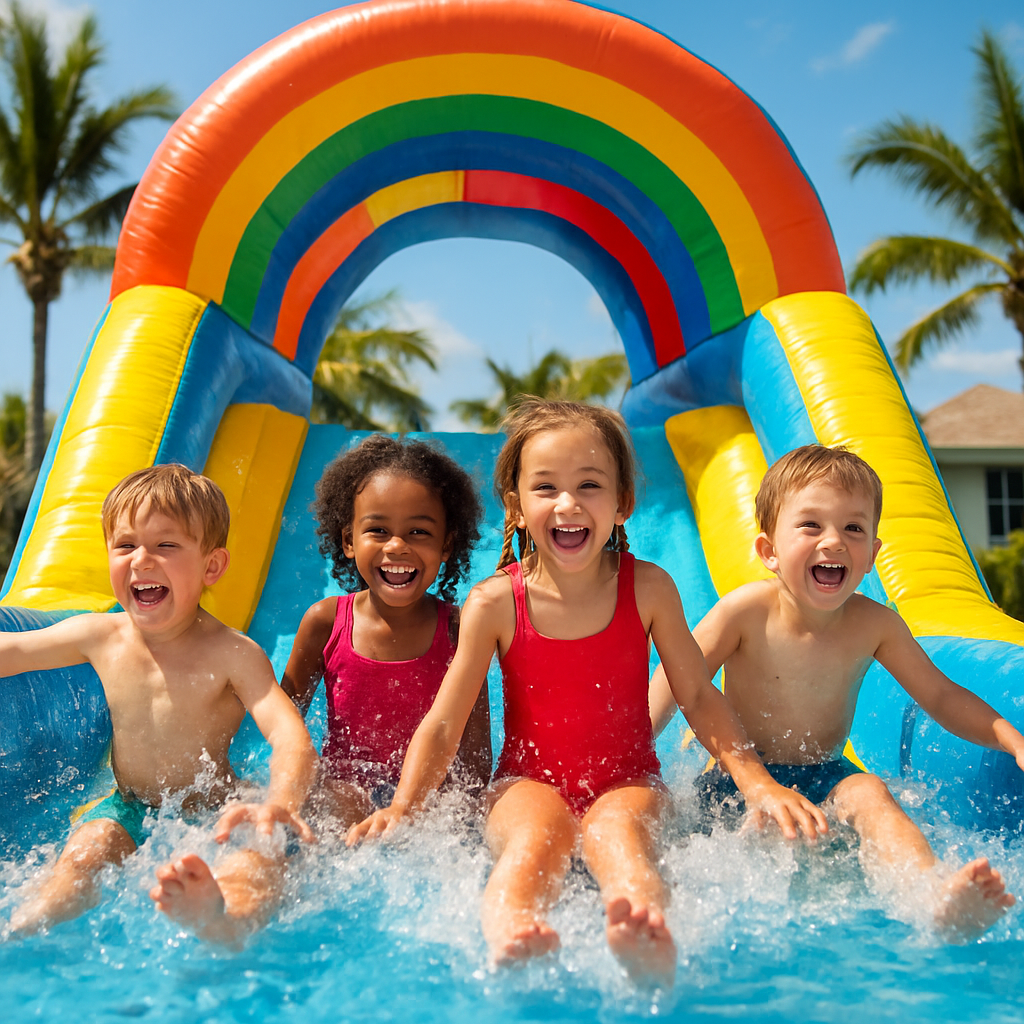 Children laughing as they slide down a giant inflatable water slide in a sunny Jacksonville backyard