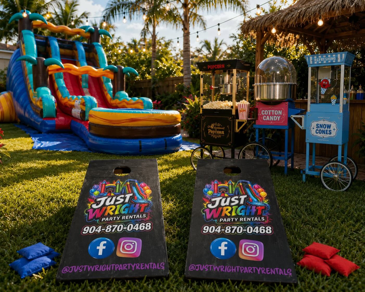 Tropical water slide, popcorn, cotton candy, snow cone carts and cornhole set up for a Jacksonville backyard party