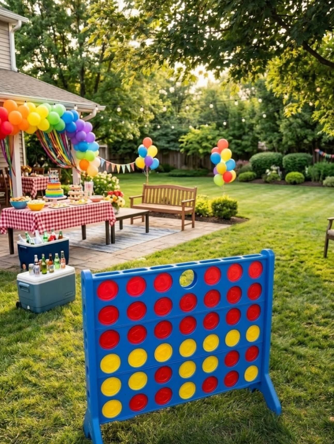 Giant Connect Four yard game set up at a backyard celebration
